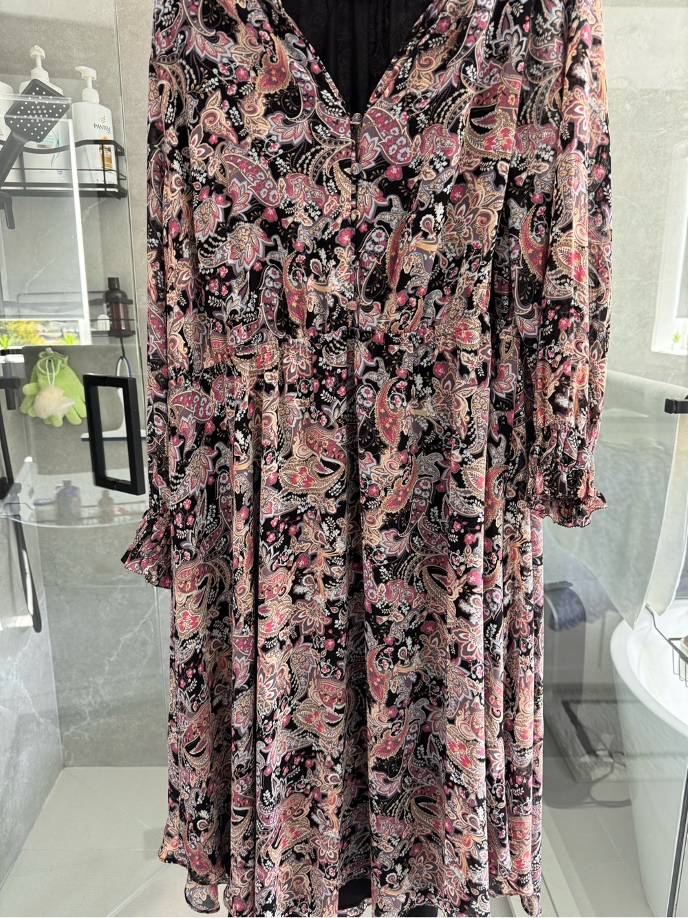 Penningtons Black Paisley Midi Dress with Pink and Cream Accents
